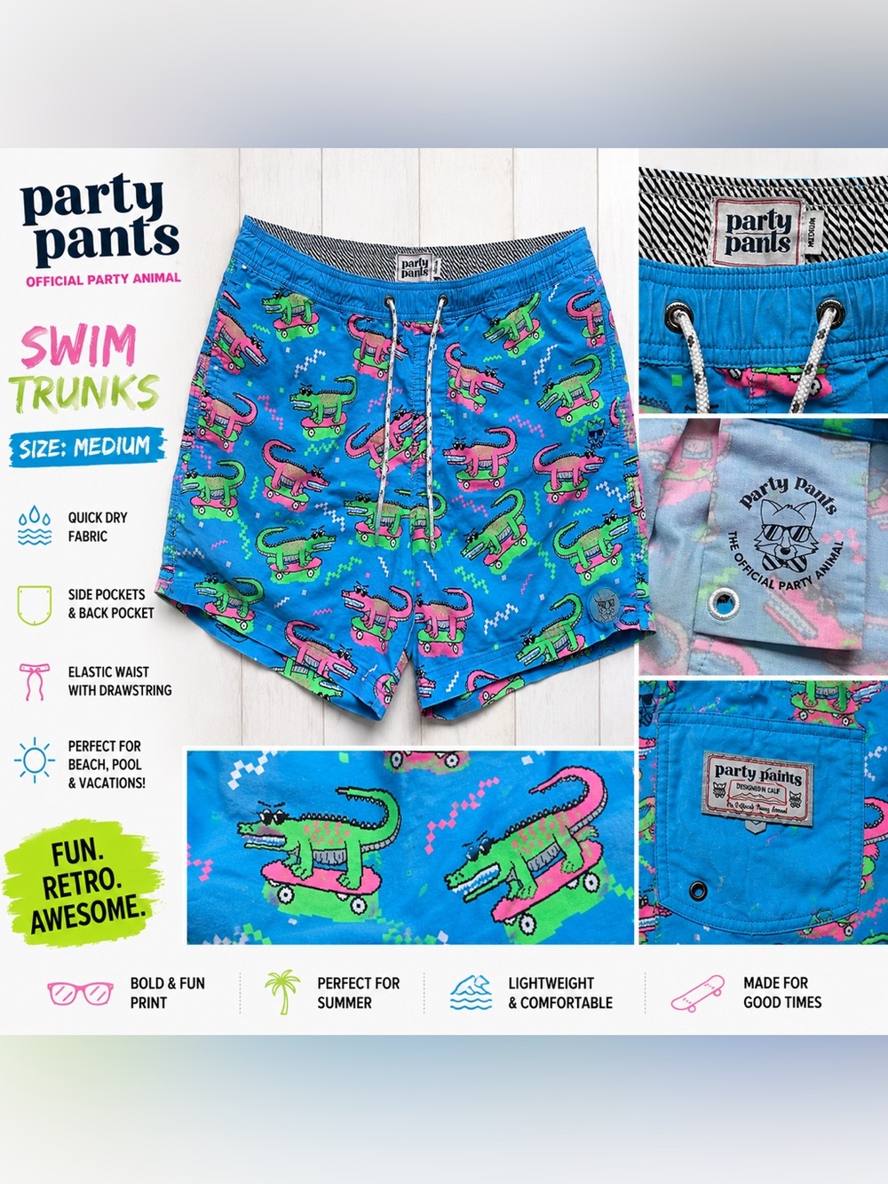 Party Pants Men’s Medium Swim Trunks Neon Alligator Skateboard Print Blue